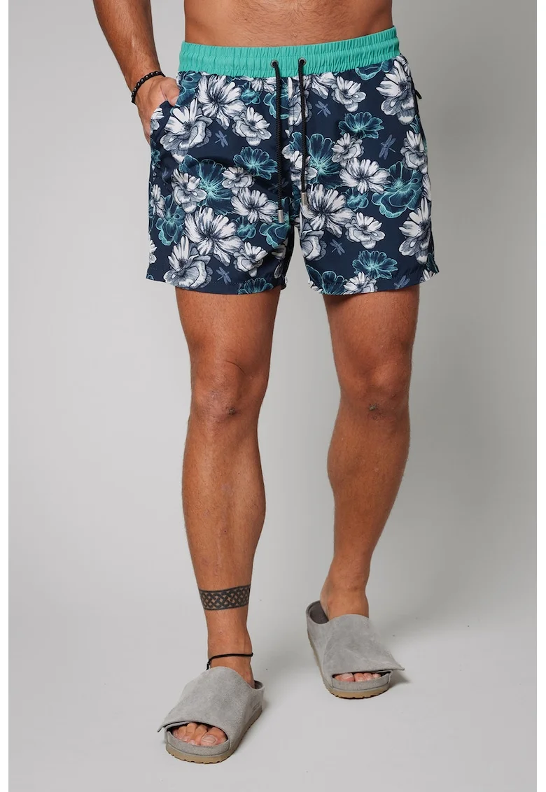 Pantaloni scurti de baie cu model si buzunare laterale, Alb/Albastru inchis/Albastru petrol