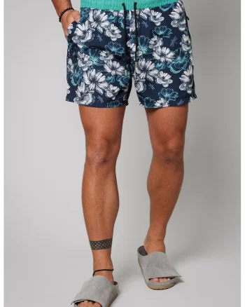 Pantaloni scurti de baie cu model si buzunare laterale, Alb/Albastru inchis/Albastru petrol