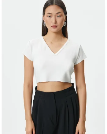 Tricou crop cu decolteu in V, Alb