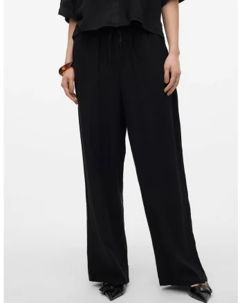 Pantaloni vaporosi din amestec de in cu snur, Negru