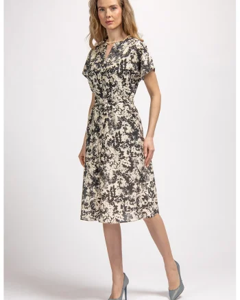 Rochie midi cu model floral si buzunare laterale, Bej deschis