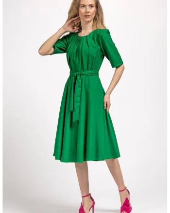 Rochie midi evazata cu cordon in talie, Verde