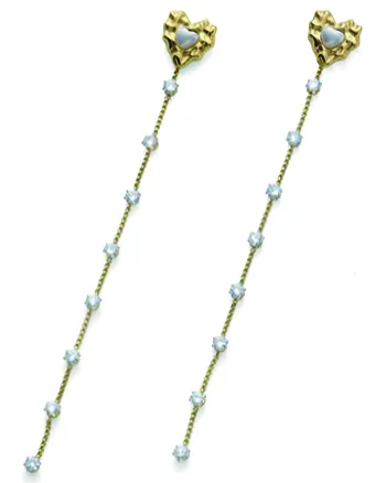 Cercei drop decorati cu zirconia, Alb/Auriu