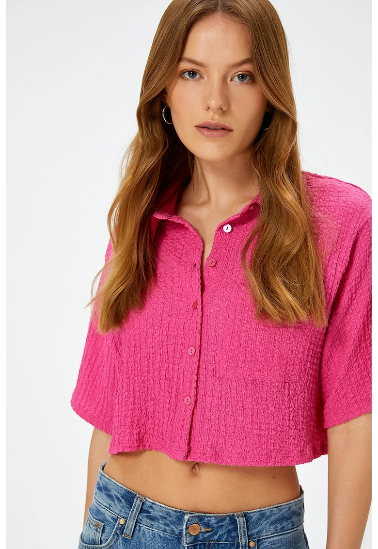 Camasa crop cu buzunar aplicat pe piept, Fucsia