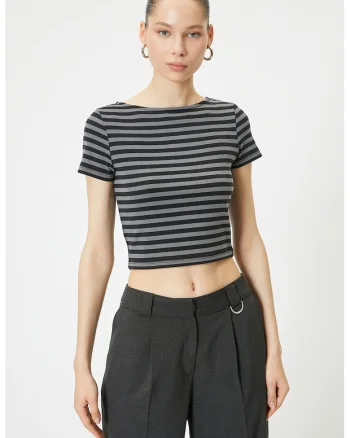 Tricou crop cu dungi, Negru/Gri