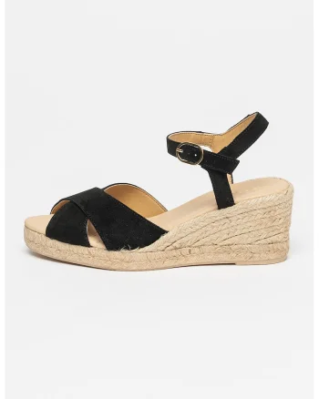 Sandale-espadrile de piele intoarsa cu talpa wedge Gelsa, Negru/Maro nisip/Maro taupe deschis