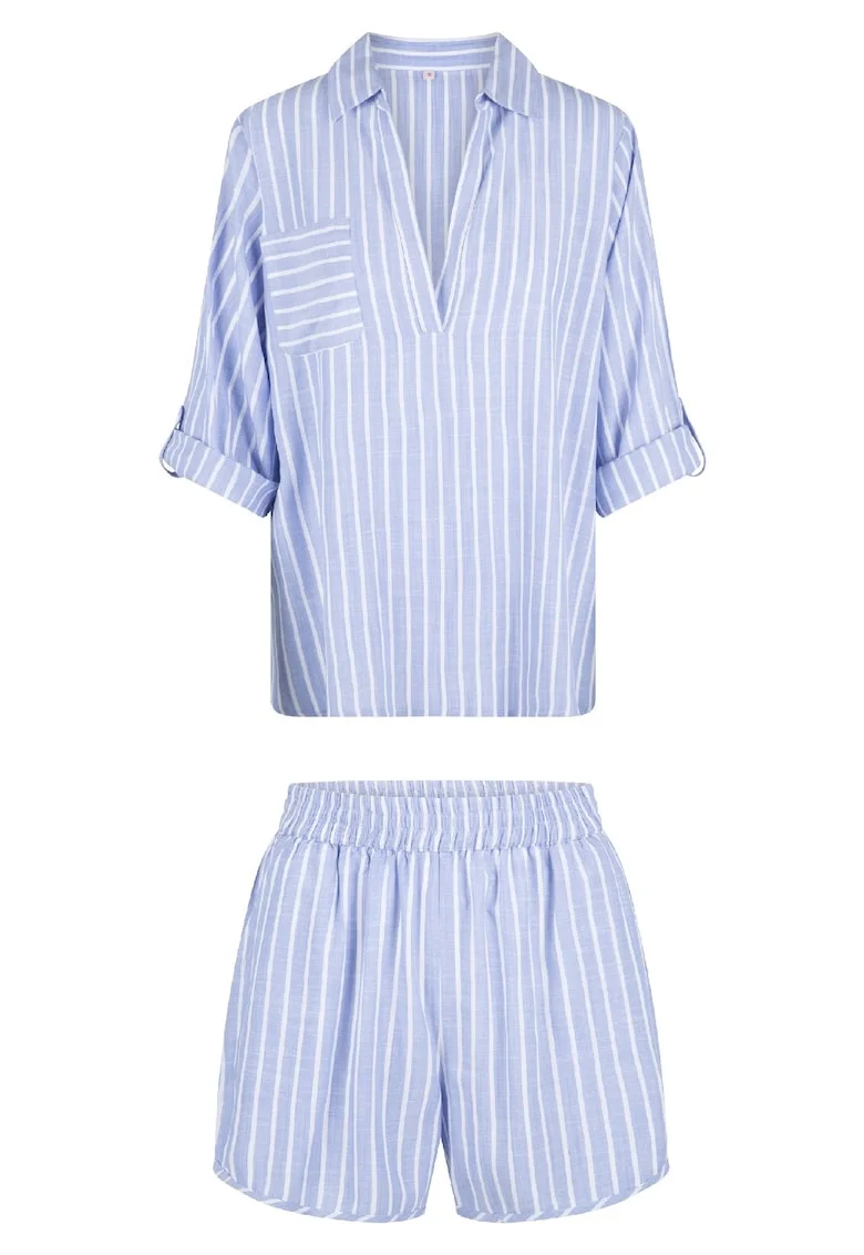 Pijama in dungi cu maneci ajustabile, Alb/Albastru