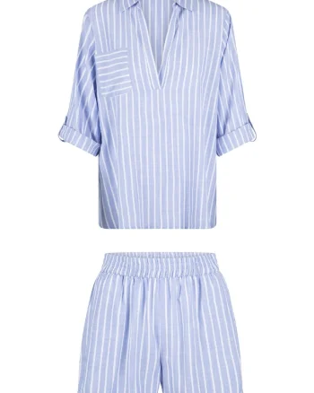 Pijama in dungi cu maneci ajustabile, Alb/Albastru