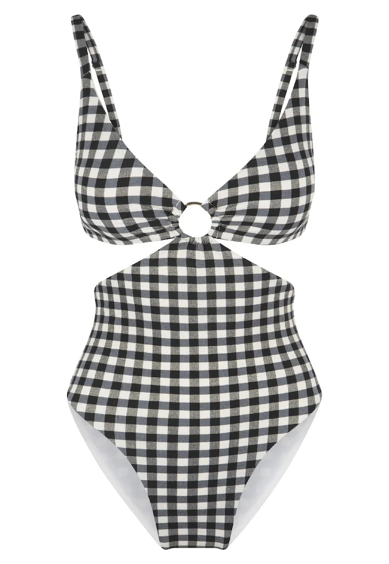 Costum de baie intreg cu model in carouri 31379, Alb/Negru
