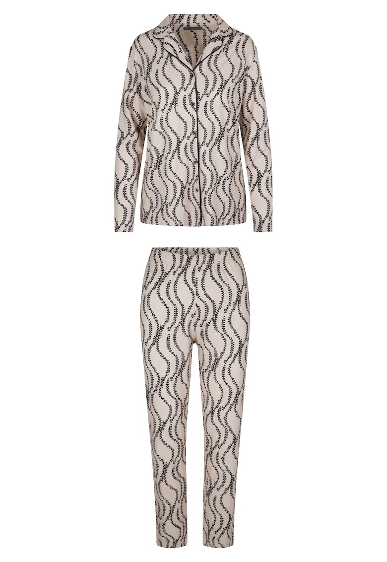 Pijama cu model si maneci lungi, Negru/Crem