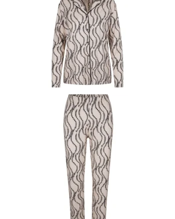 Pijama cu model si maneci lungi, Negru/Crem