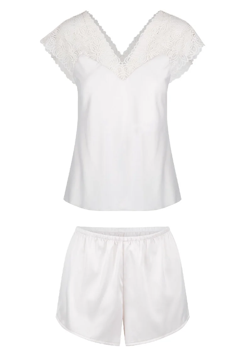 Pijama scurta de satin si dantela, Crem