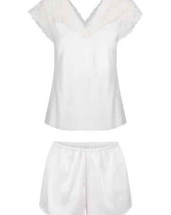 Pijama scurta de satin si dantela, Crem