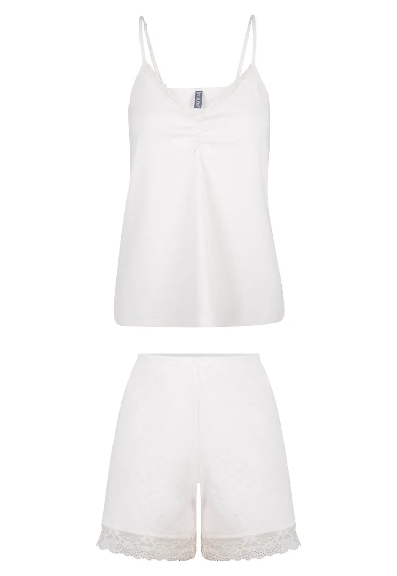 Pijama cu decolteu in V si insertii de dantela, Crem