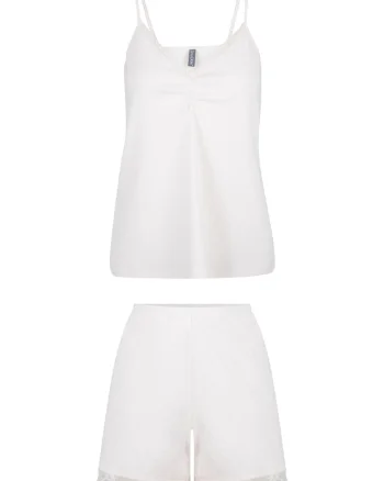 Pijama cu decolteu in V si insertii de dantela, Crem