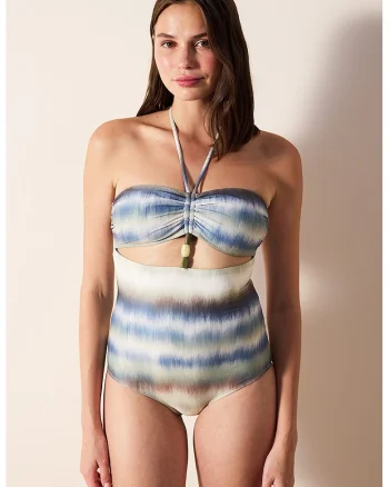 Costum halter de baie intreg, Albastru prafuit/Crem