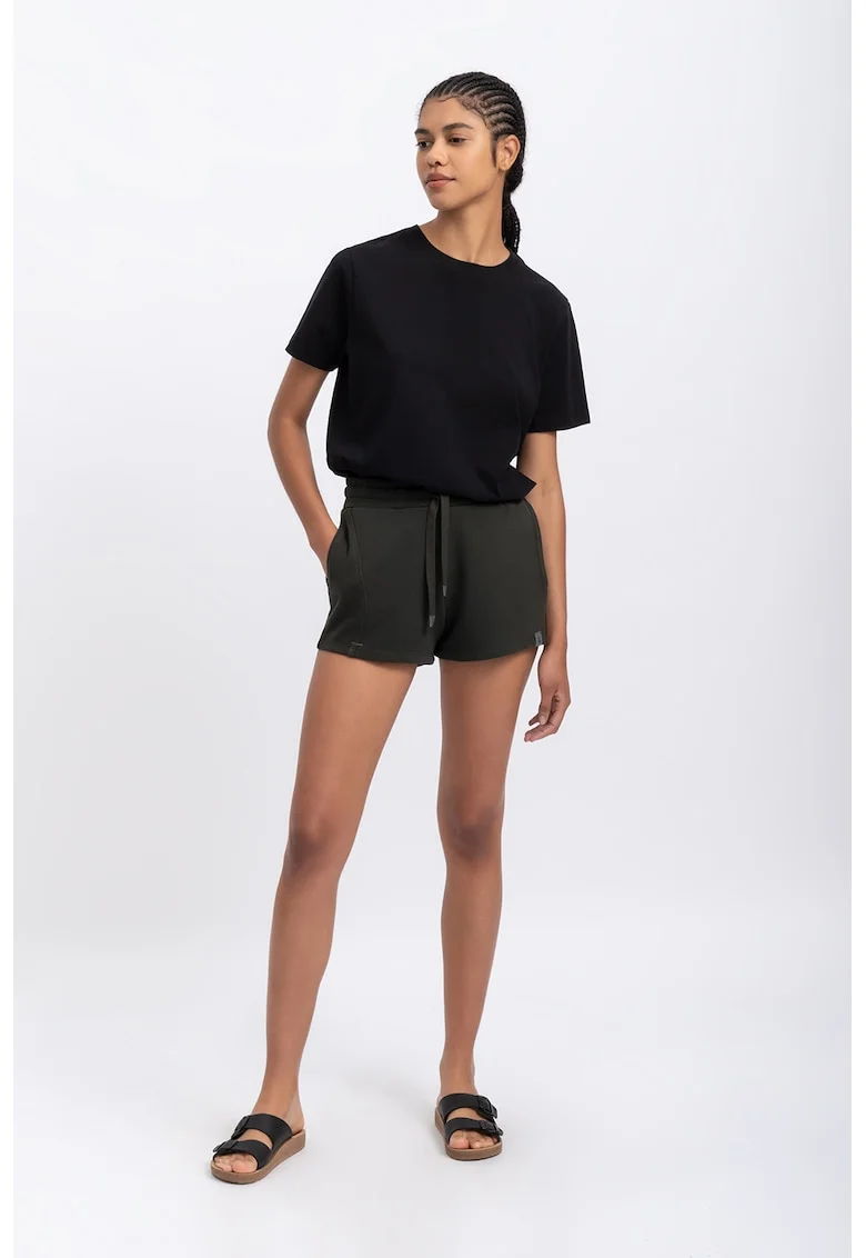 Pantaloni scurti cu talie inalta si snur, Negru stins