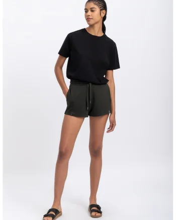 Pantaloni scurti cu talie inalta si snur, Negru stins