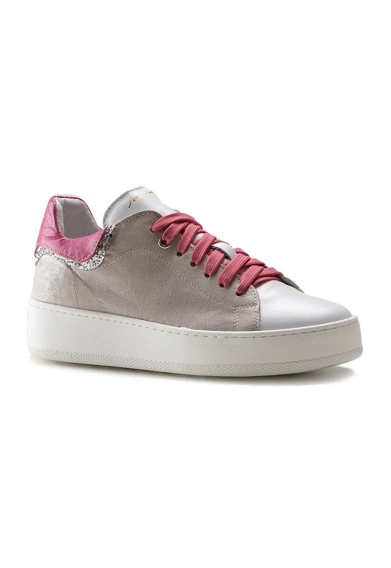 Pantofi sport de piele cu detaliu stralucitor, Alb/Fucsia/Argintiu