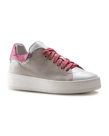 Pantofi sport de piele cu detaliu stralucitor, Alb/Fucsia/Argintiu