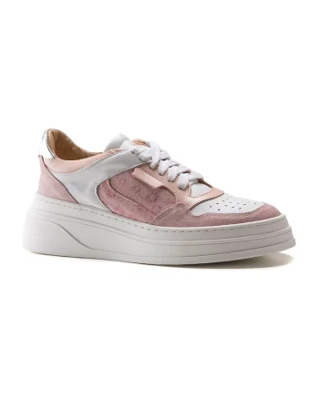 Pantofi sport de piele si piele intoarsa cu imprimeu, Alb/Bej/Roz