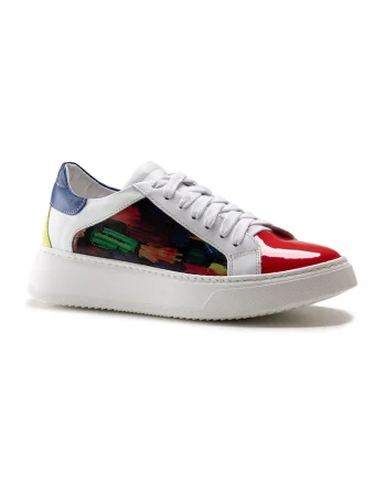 Pantofi sport de piele cu model colorblock, Rosu/Alb/Verde