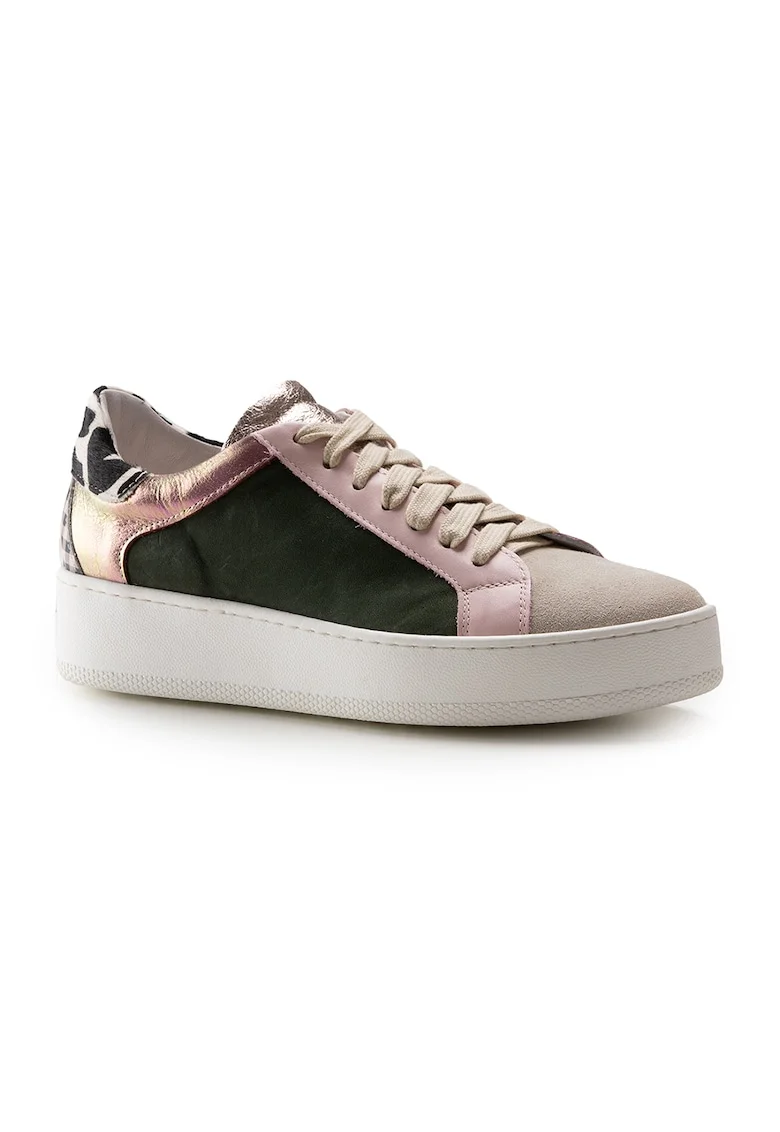 Pantofi sport din piele lacuita, Verde padure/Maro taupe/Roz