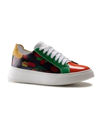 Pantofi sport de piele cu imprimeu, Rosu/Verde/Galben mustar