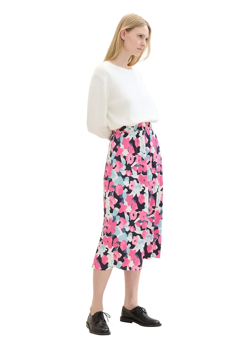 Fusta cu imprimeu floral si striatii, Alb fildes/Fucsia/Albastru