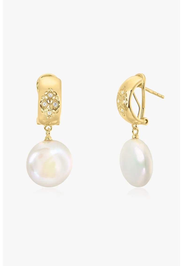 Cercei placati cu aur de 14K, decorati cu perle si zirconia, Alb/Auriu