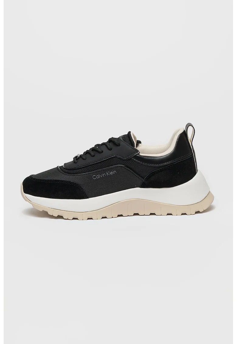 Pantofi sport din piele si plasa, cu aspect masiv, Negru