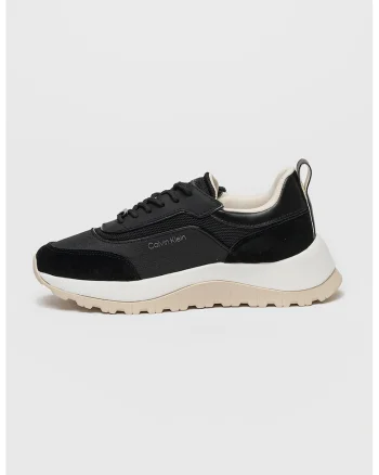 Pantofi sport din piele si plasa, cu aspect masiv, Negru