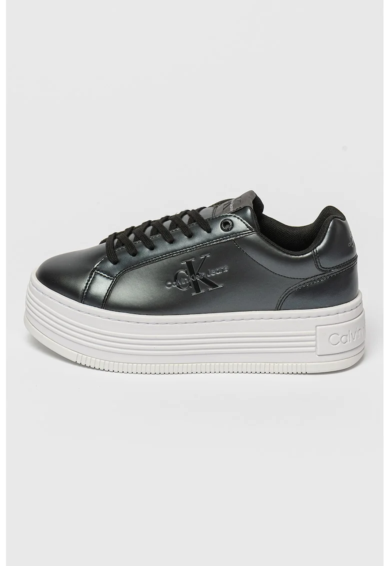 Pantofi sport flatform de piele si piele ecologica, Gri inchis
