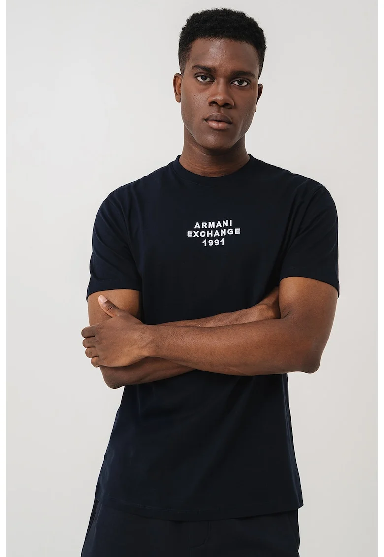 Tricou cu logo si decolteu la baza gatului, Alb/Albastru ultramarin