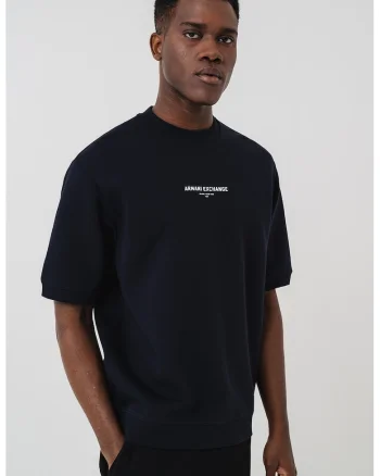 Tricou cu imprimeu logo si decolteu la baza gatului, Bleumarin