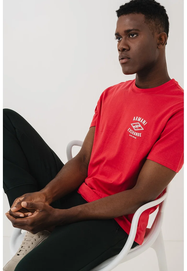 Tricou cu imprimeu logo si decolteu la baza gatului, Coral