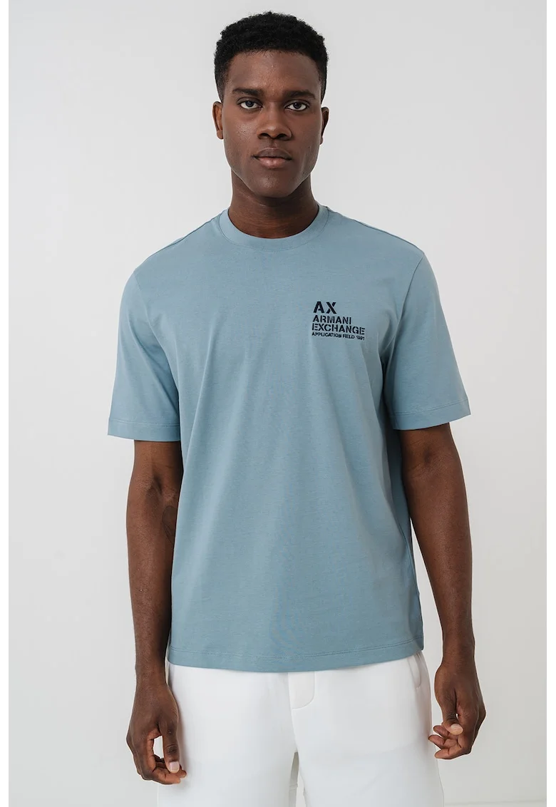Tricou din bumbac cu logo pe piept si decolteu la baza gatului, Verde pal
