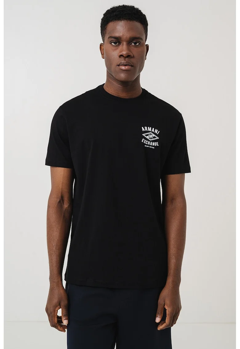Tricou cu imprimeu logo si decolteu la baza gatului, Alb/Negru