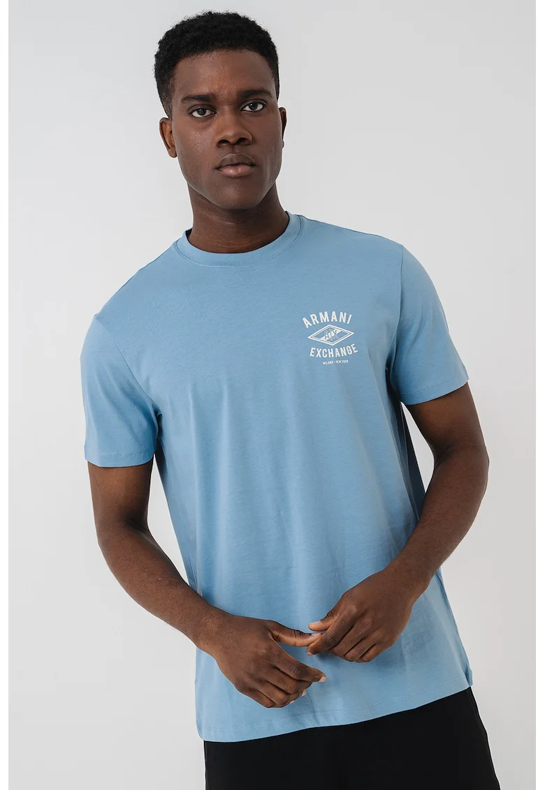 Tricou cu imprimeu logo si decolteu la baza gatului, Albastru pastel