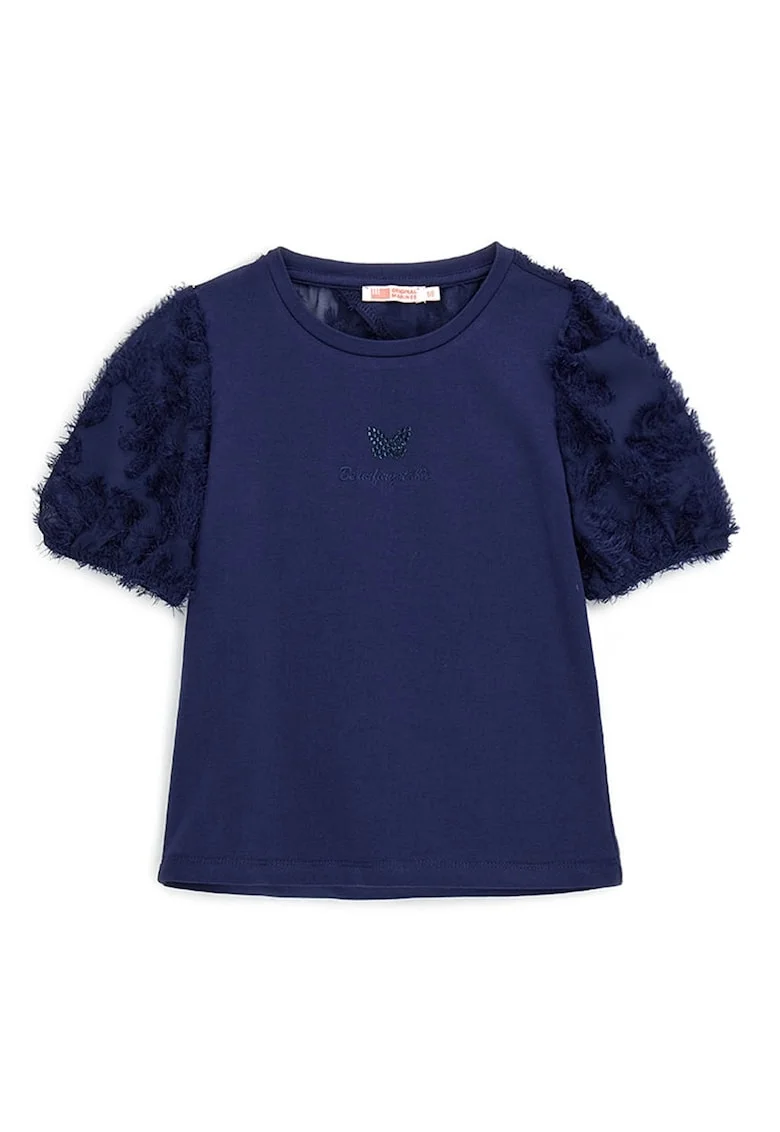 Tricou din amestec de bumbac cu decolteu la baza gatului, Bleumarin