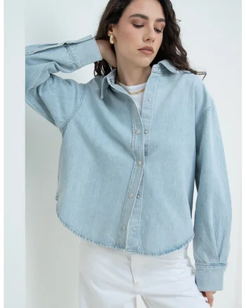 Camasa din denim cu maneci lungi, Albastru glaciar