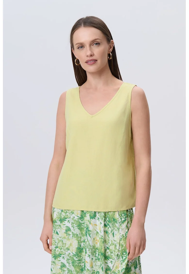 Bluza fara maneci din amestec de in cu decolteu in V, Galben pai