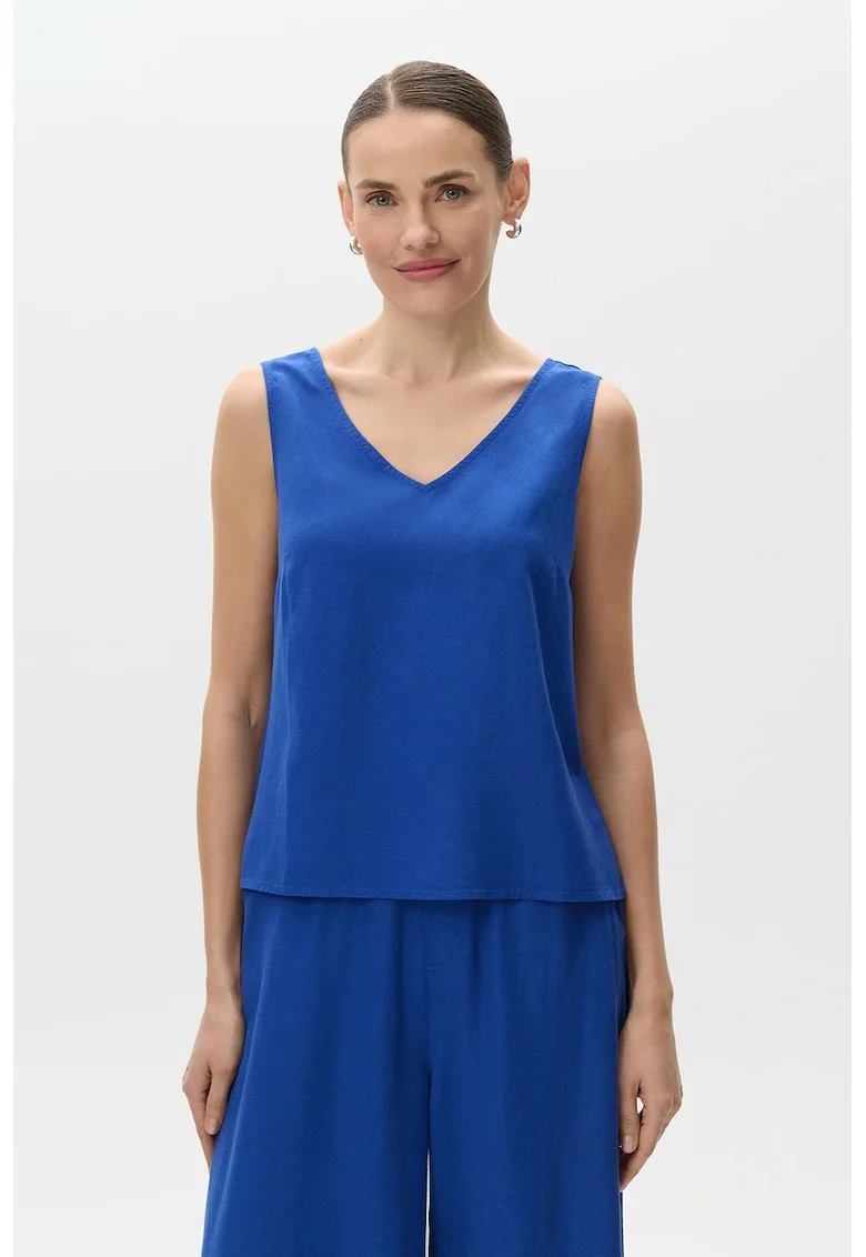 Bluza fara maneci din amestec de in cu decolteu in V, Albastru royal
