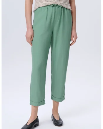 Pantaloni crop din amestec de in cu snur, Verde aquamarin