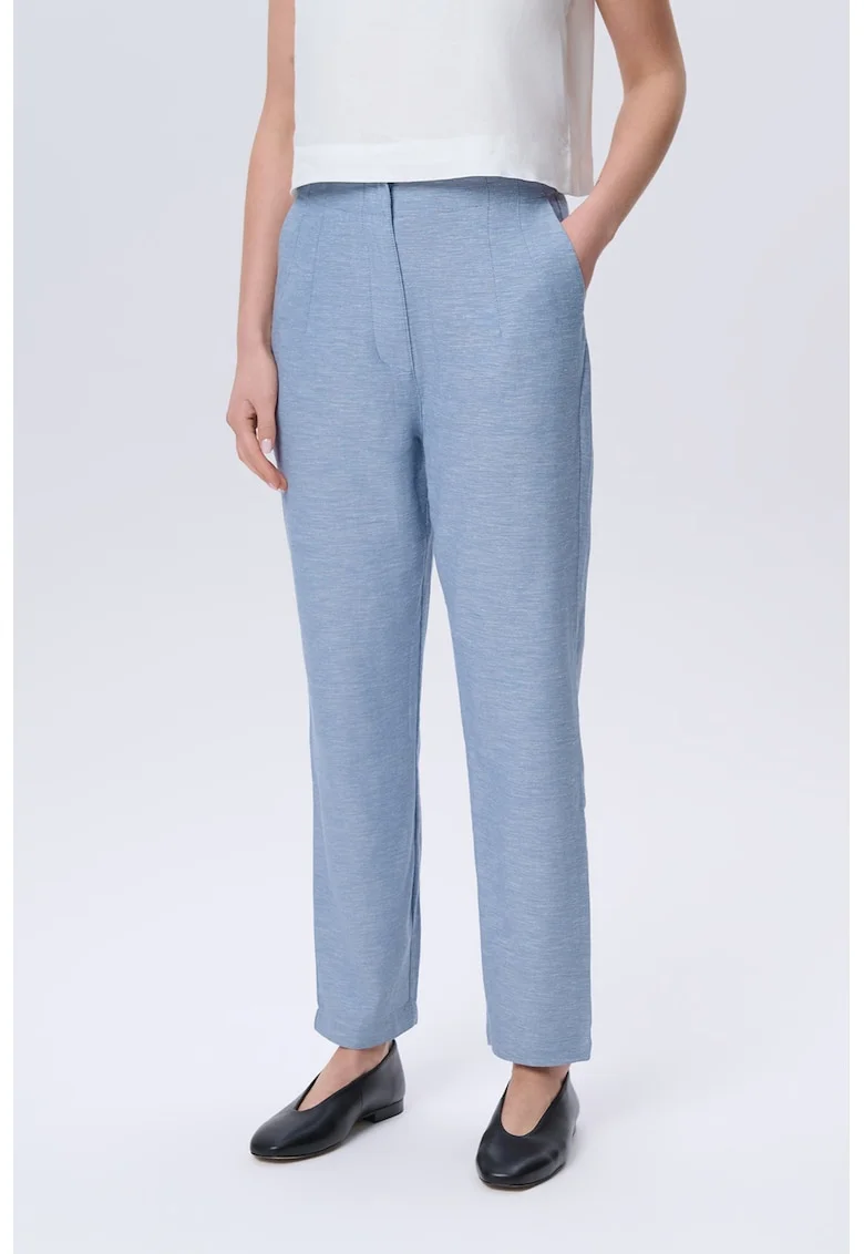 Pantaloni din amestec de bumbac cu talie inalta, Albastru pastel