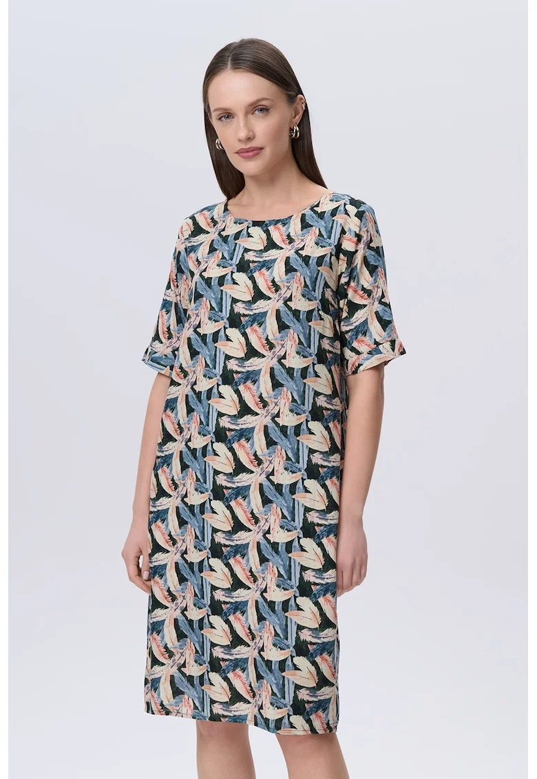 Rochie-tricou cu imprimeu floral, Albastru azur/Bej deschis