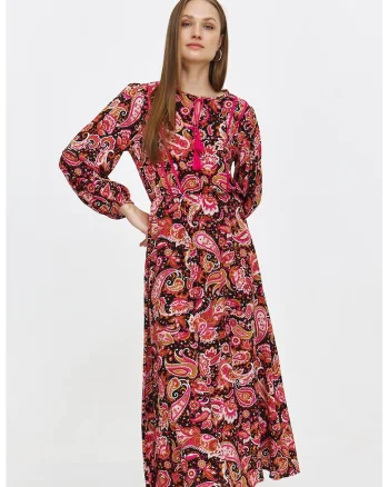 Rochie lunga cu model paisley, Visiniu/Rosu stins