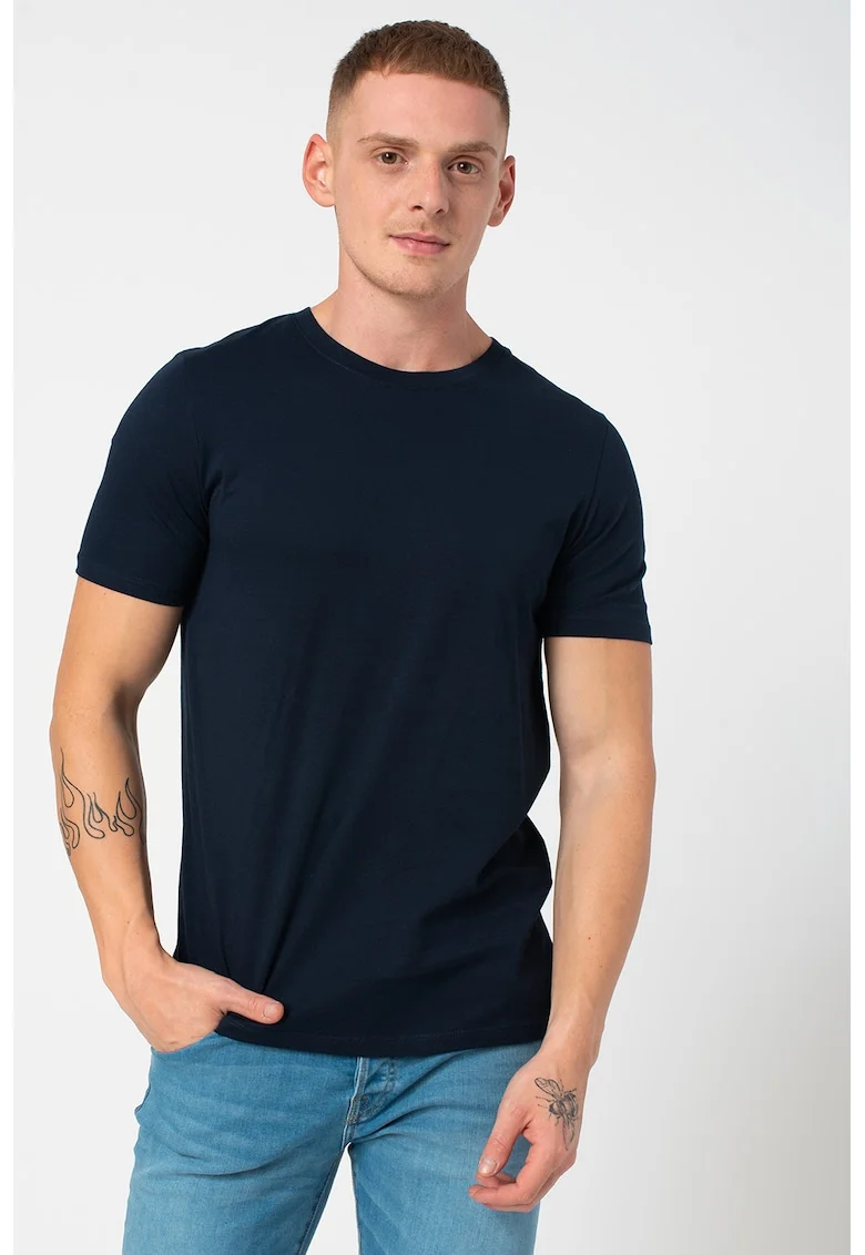 Tricou din bumbac organic cu decolteu la baza gatului, Bleumarin
