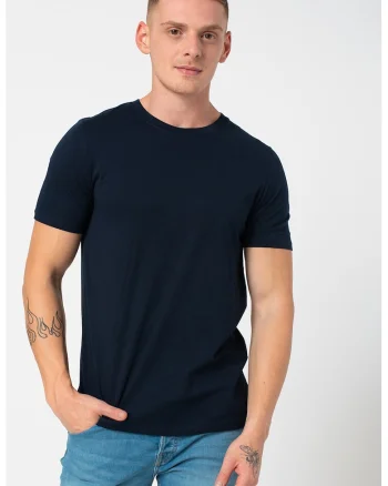 Tricou din bumbac organic cu decolteu la baza gatului, Bleumarin