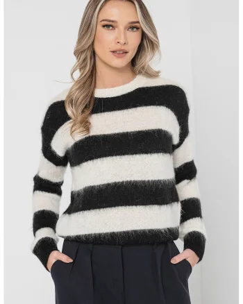 Pulover din amestec de lana cu maneci cazute, Alb/Negru